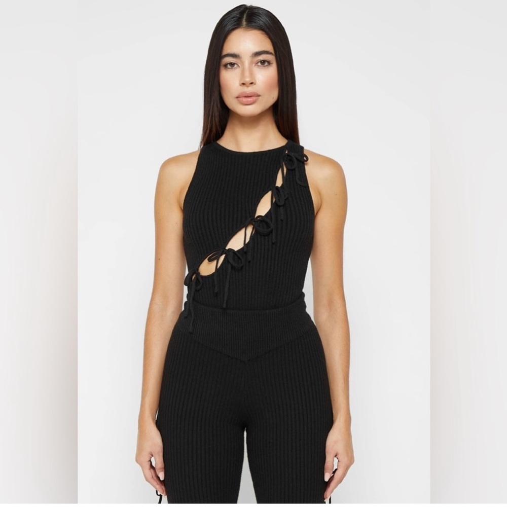 Maniere De Voir Knitted Lace Up Bodysuit and Leggings with Stirrups-Black
